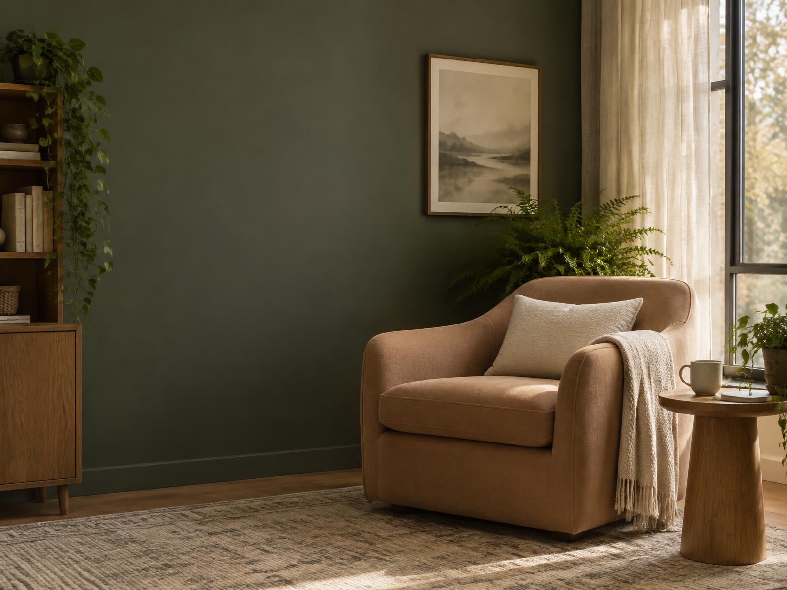 A calm counselling room with a clay armchair beside a sunlit window